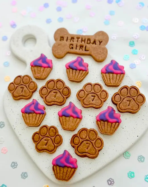 Birthday Girl bone cookie with pupcakes and number-seven paw treats